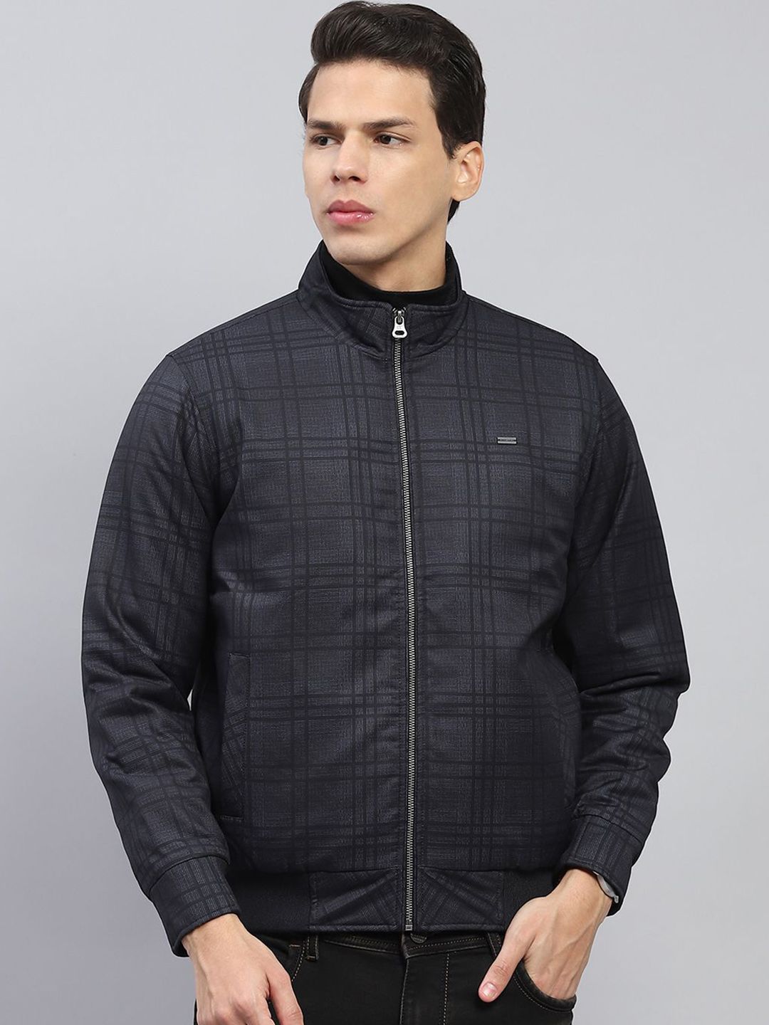 Monte Carlo Men Mock Collar Checked Casual Open Front Jacket