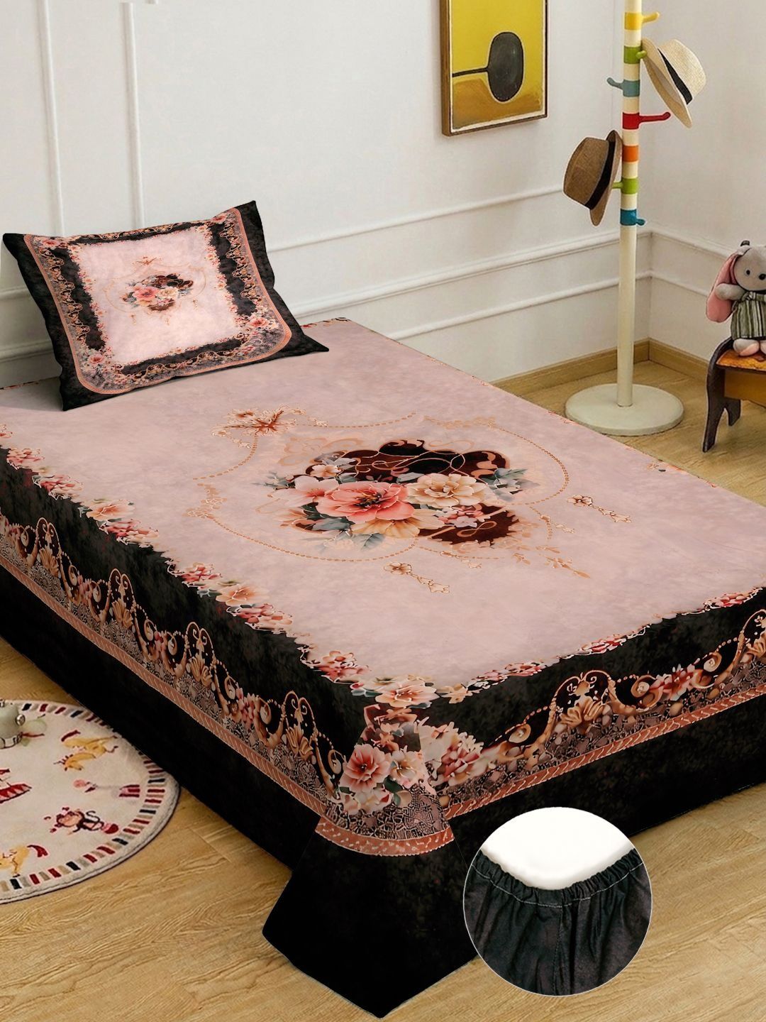 KLOTTHE Pink & Black Floral Dilengkapi 400 TC Single Cadar 7D dengan 1 Sarung Bantal
