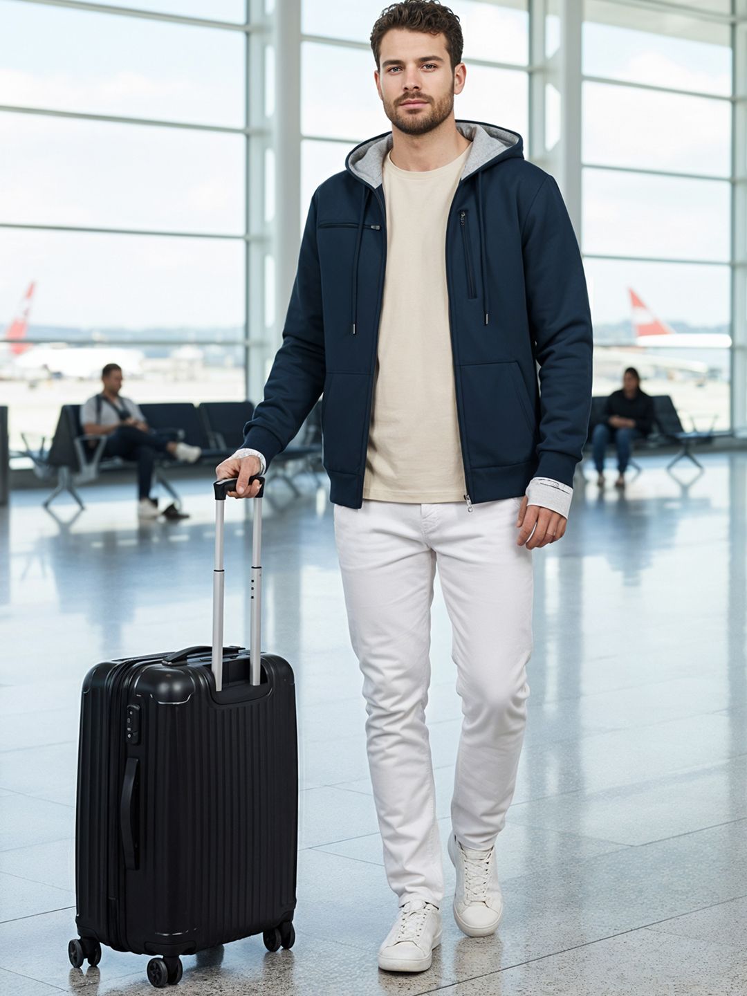 ADRO Lelaki Travel Hooded Sweatshirt Buka Depan Dengan Poket Kalis Air Berbilang