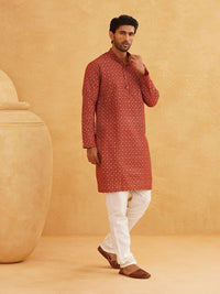 SOJANYA Motif Etnik Printed Mandarin Collar Cotton Linen Kurta Lurus Dengan Churidar