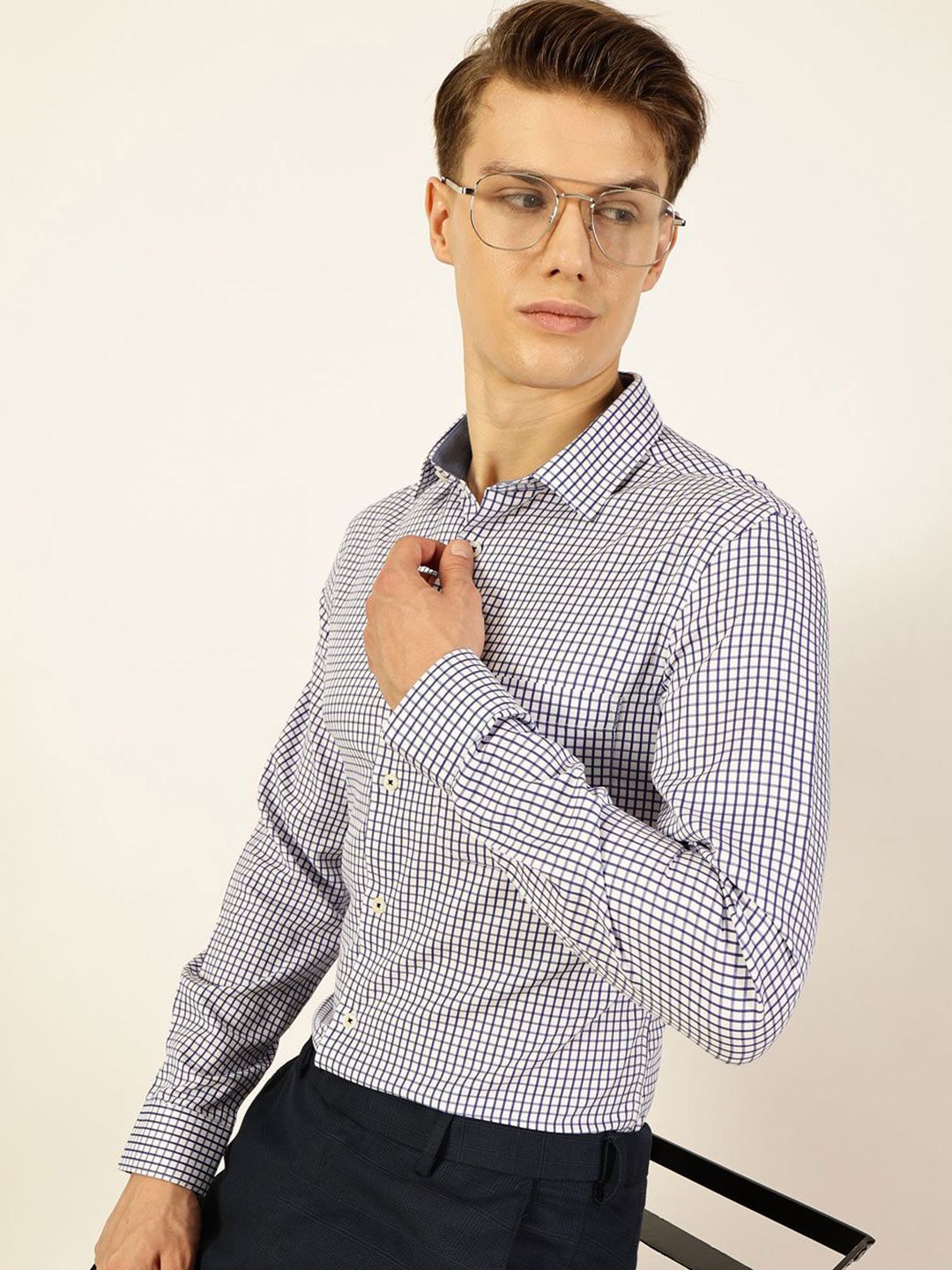 Thomas Scott Men Smart Spread Collar Gingham Checked Cotton Formal Shirt