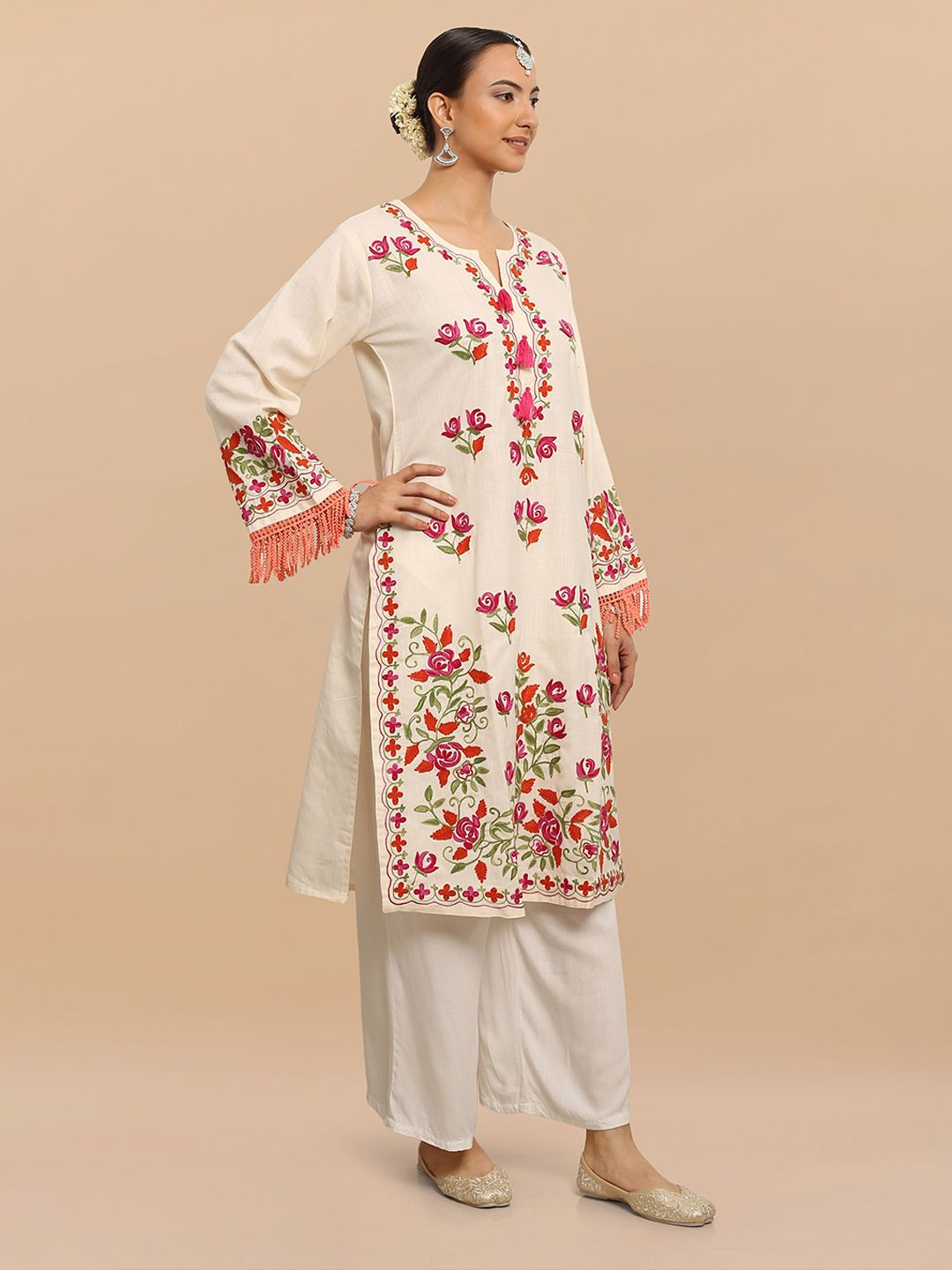 HOUSE OF KARI Floral Embroidered Cotton Falak Kashmiri Straight Kurta