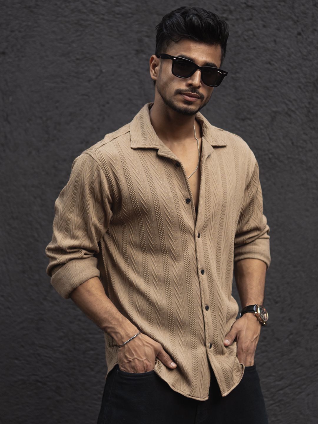 Powerlook Men Cuban Collar Textured Relaxed Fit Casual Shirt