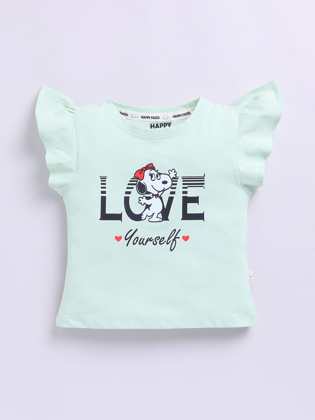 Happy Faces Kids Girls Snoopy Printed Flutter Sleeve Pure Cotton Top