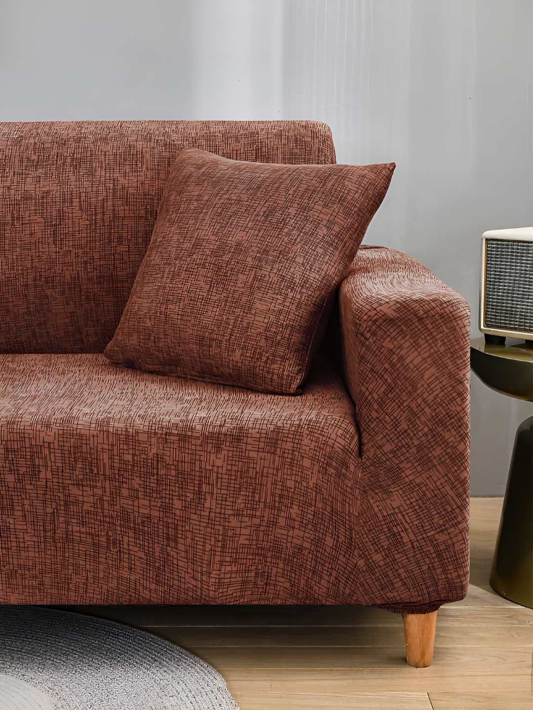 Story@home Brown Printed 2 Seater Stretchable Sofa Cover With Arms