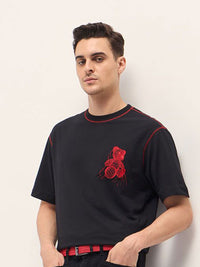 THE BEAR HOUSE Men Typography Printed Round Neck Cotton Oversized T-shirt