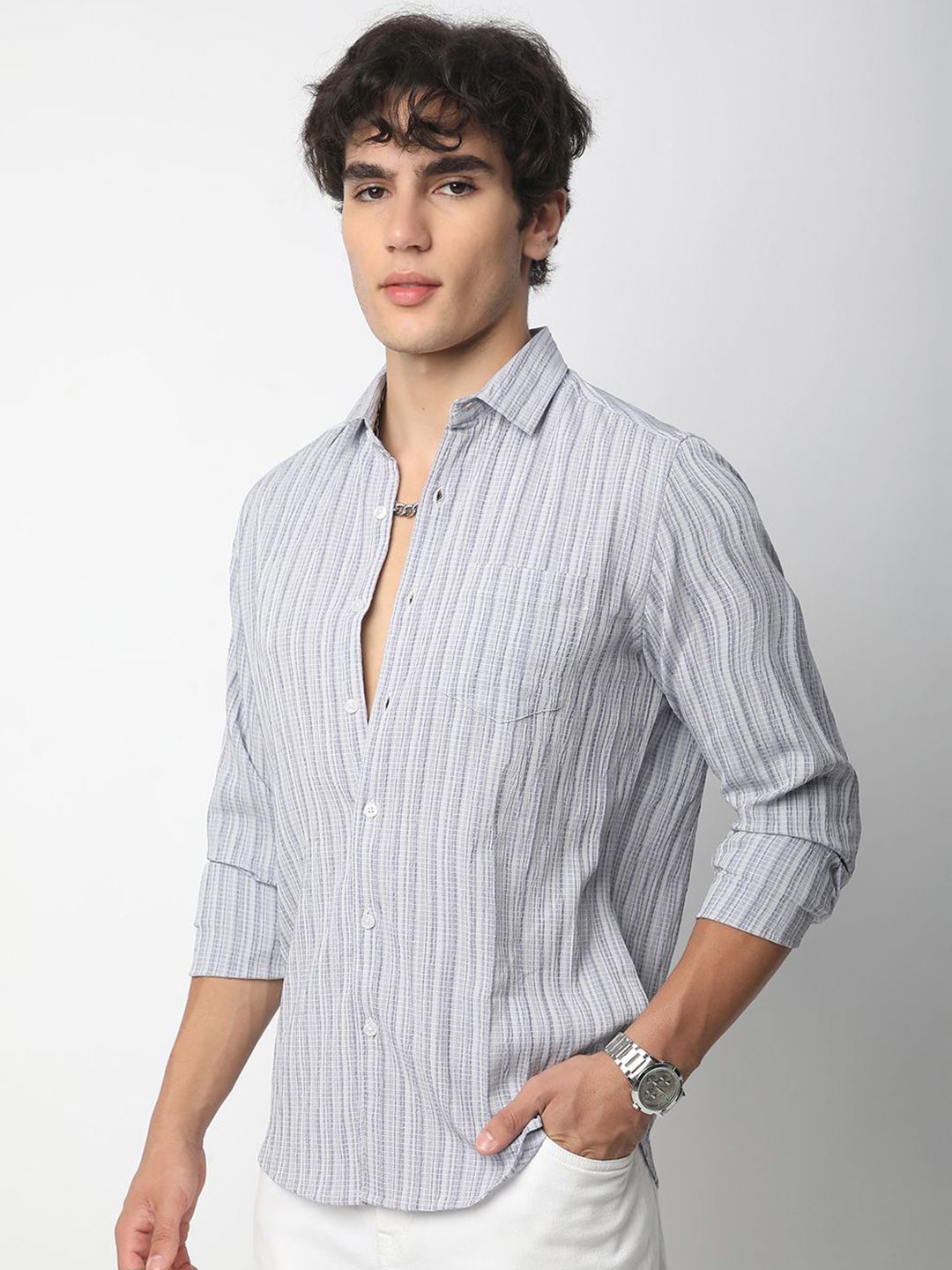 VASTRADO Men Classic Spread Collar Textured Slim Fit Casual Shirt