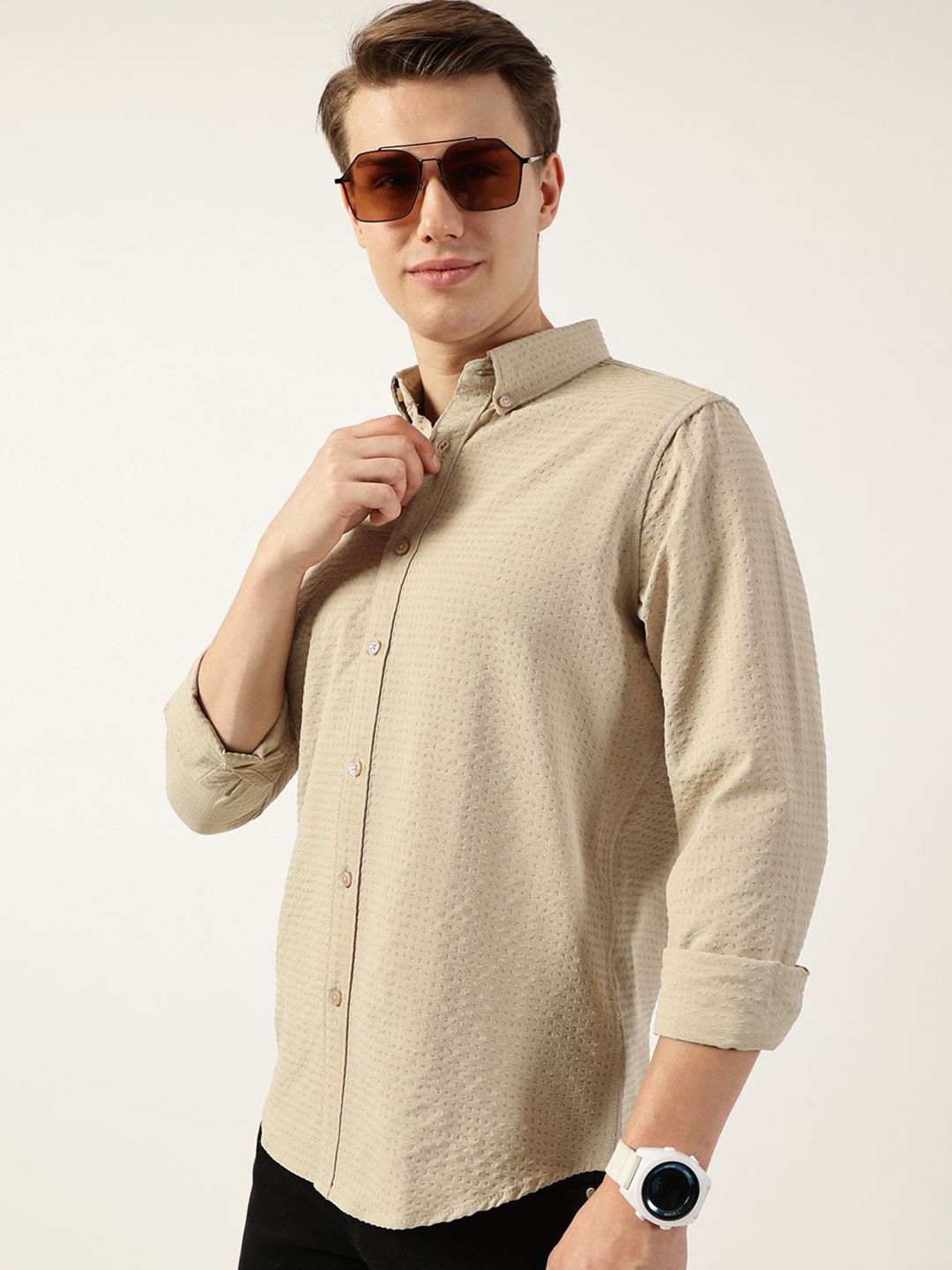 Thomas Scott Men Smart Button-Down Collar Textured Solid Slim Fit Casual Shirt