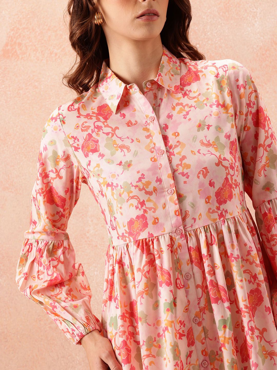 all about you Floral Print Puff Sleeve Shirt Midi Dress