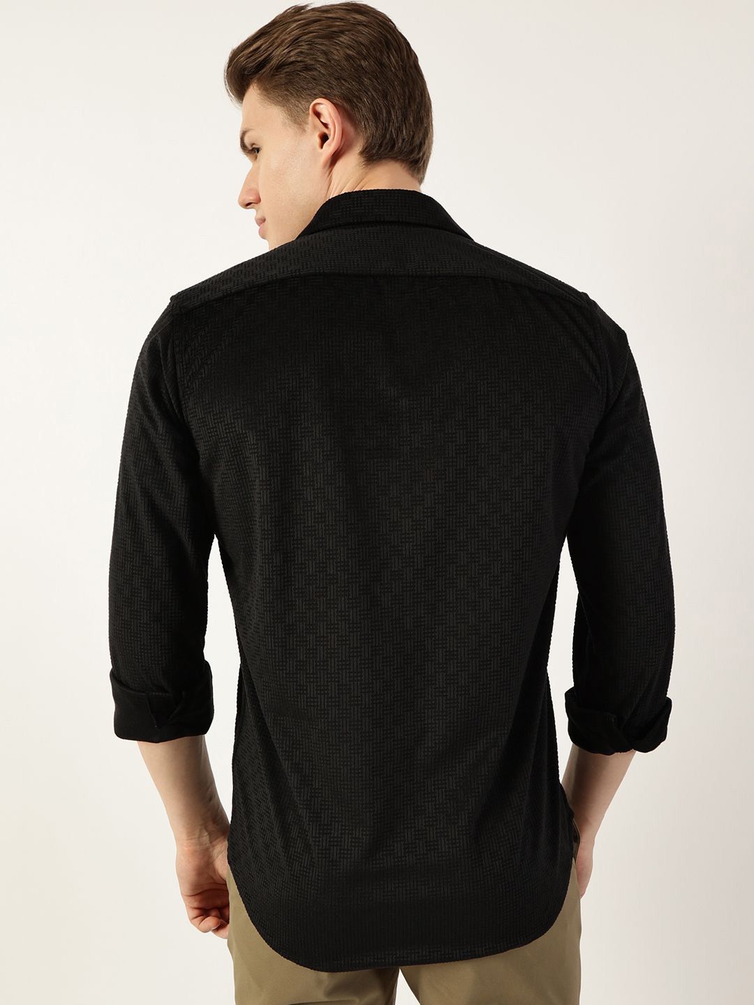 Thomas Scott Men Classic Spread Collar Textured Solid Slim Fit Casual Shirt