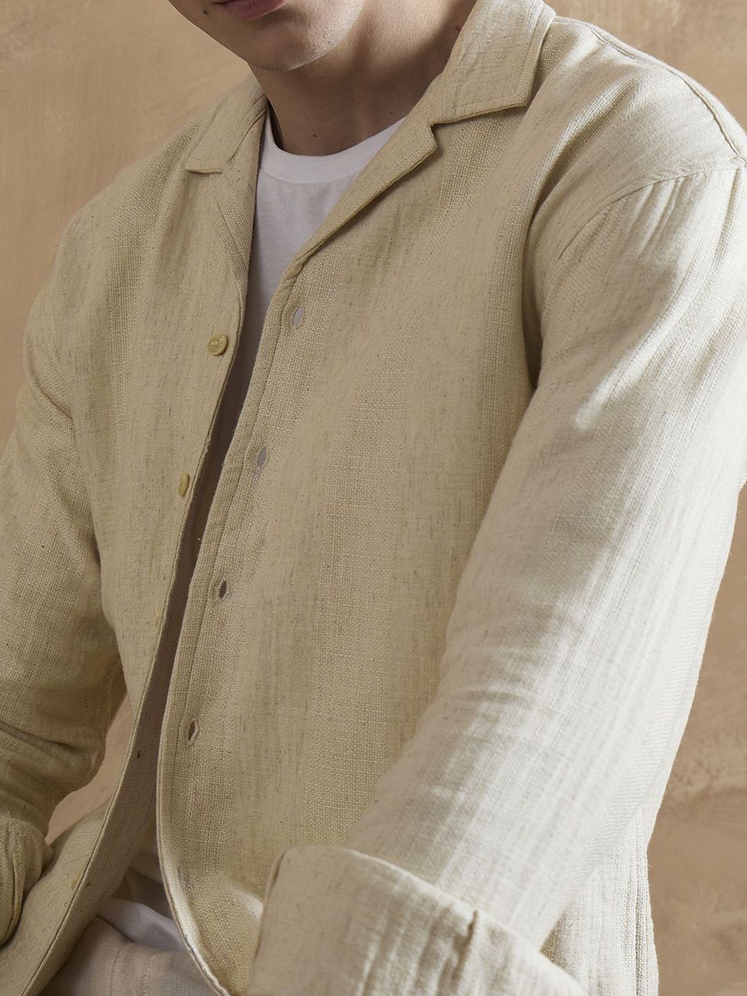 DENNISON Beige Double Gauge Self Design Shirt