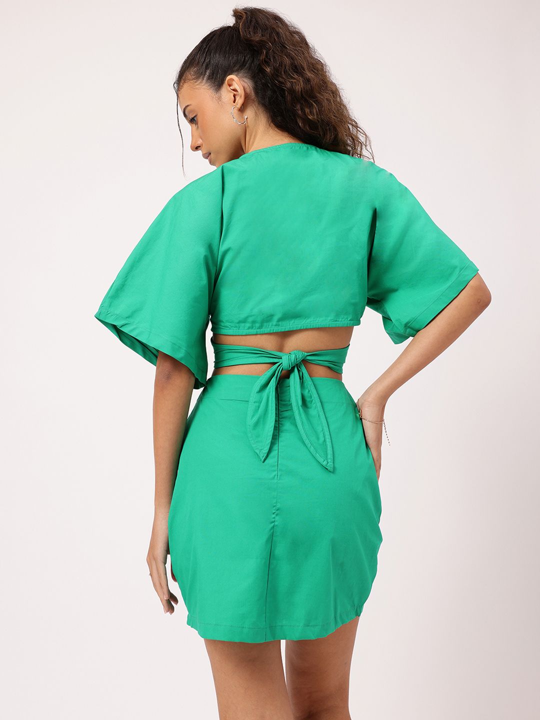 DressBerry Contemporary Flair Flared Sleeve Cut-Out Back Tie-Up Wrap Mini Dress
