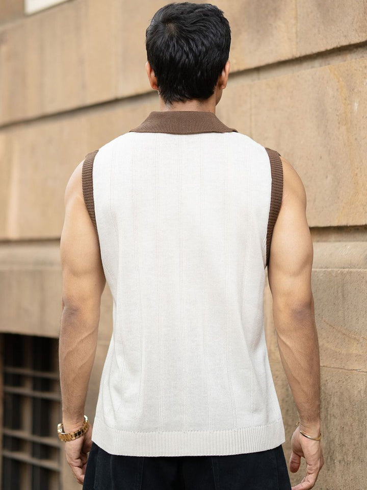 Powerlook Men Cream Contrast Collar Knit Sando