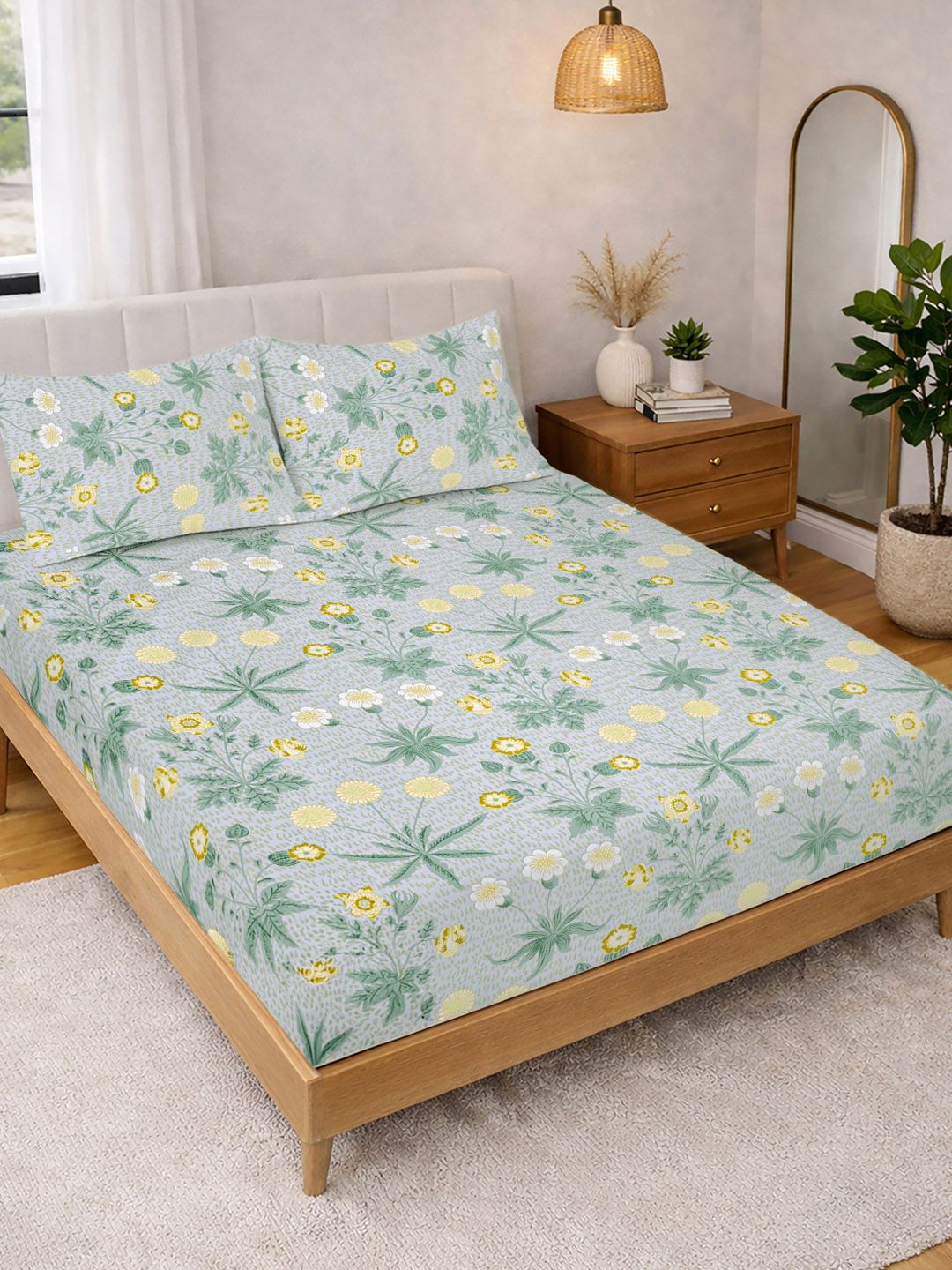 KLOTTHE Hijau & Putih Bercetak 300 TC Cadar Katil Double Dengan 2 Sarung Bantal- 2.5 m x 2.25 m