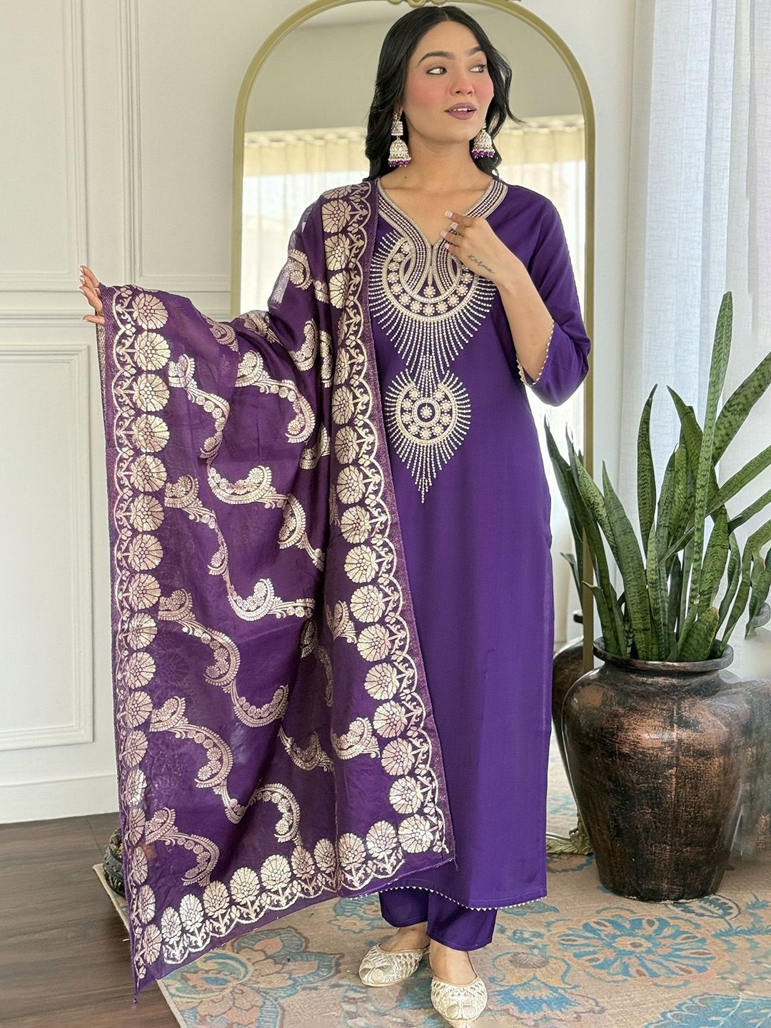 KALINI Women Ethnic Motifs Embroidered Regular Thread Work Pure Silk Kurta Set & Dupatta