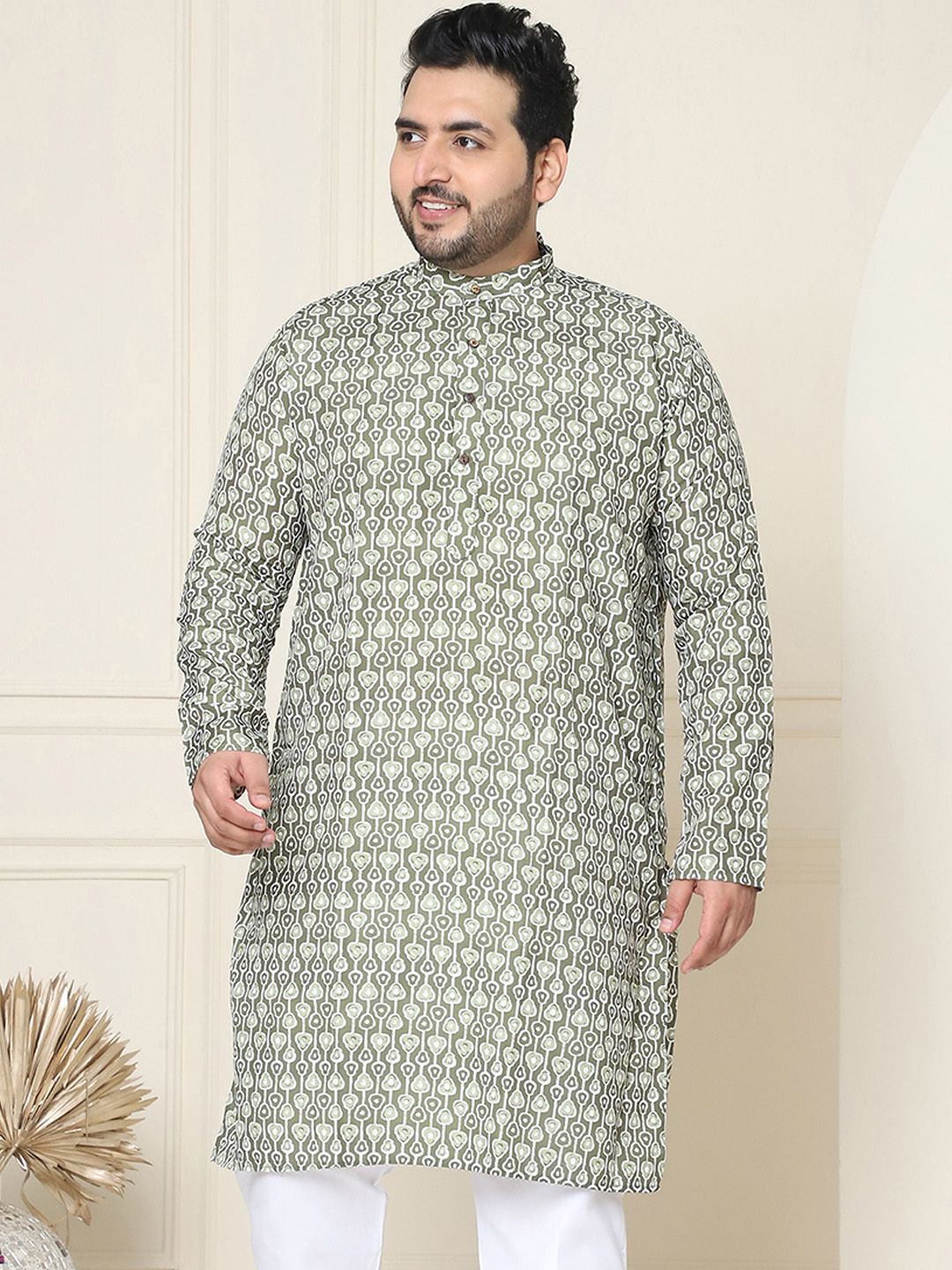 SOJANYA Plus Ethnic Motifs Printed Mandarin Collar Long Sleeves Pure Cotton Straight Kurta