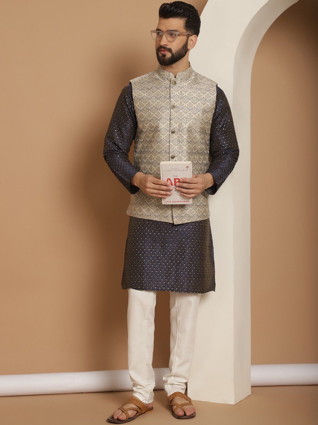Anouk Embroidered Regular Thread Work Jacquard Silk Kurta With Churidar & Nehru Jacket