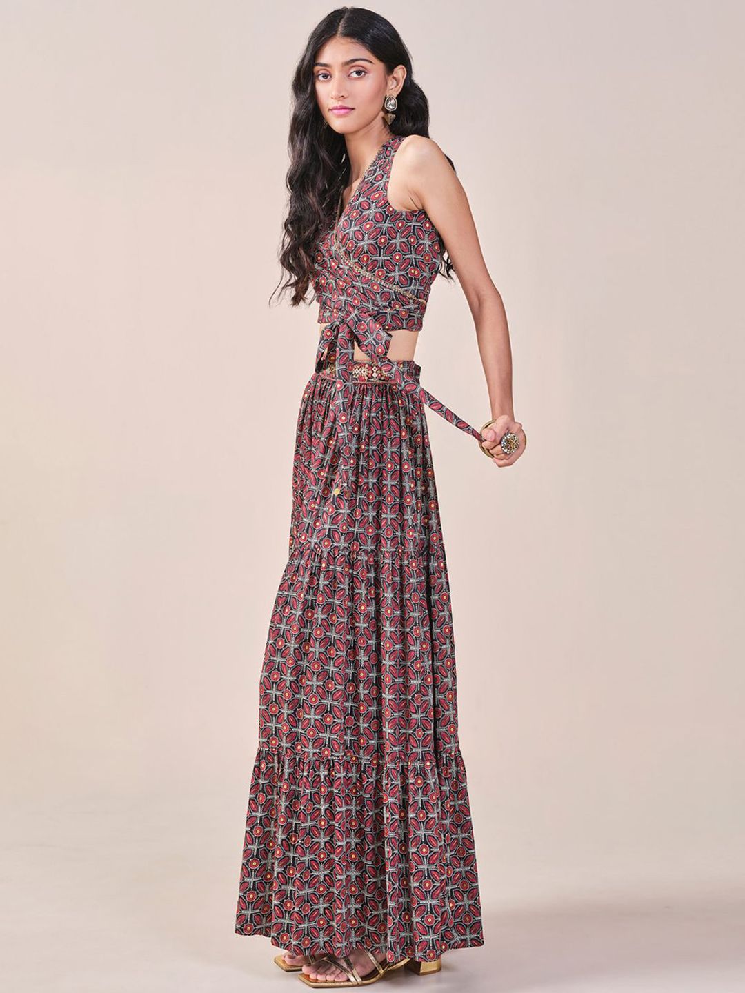 Global Desi Geometric Printed Sleeveless Top With Skirt