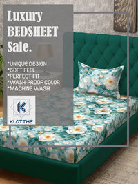 KLOTTHE Turquoise Blue Floral Printed Flat 300 TC Single 7D Bedsheet With 2 Pillow Cover