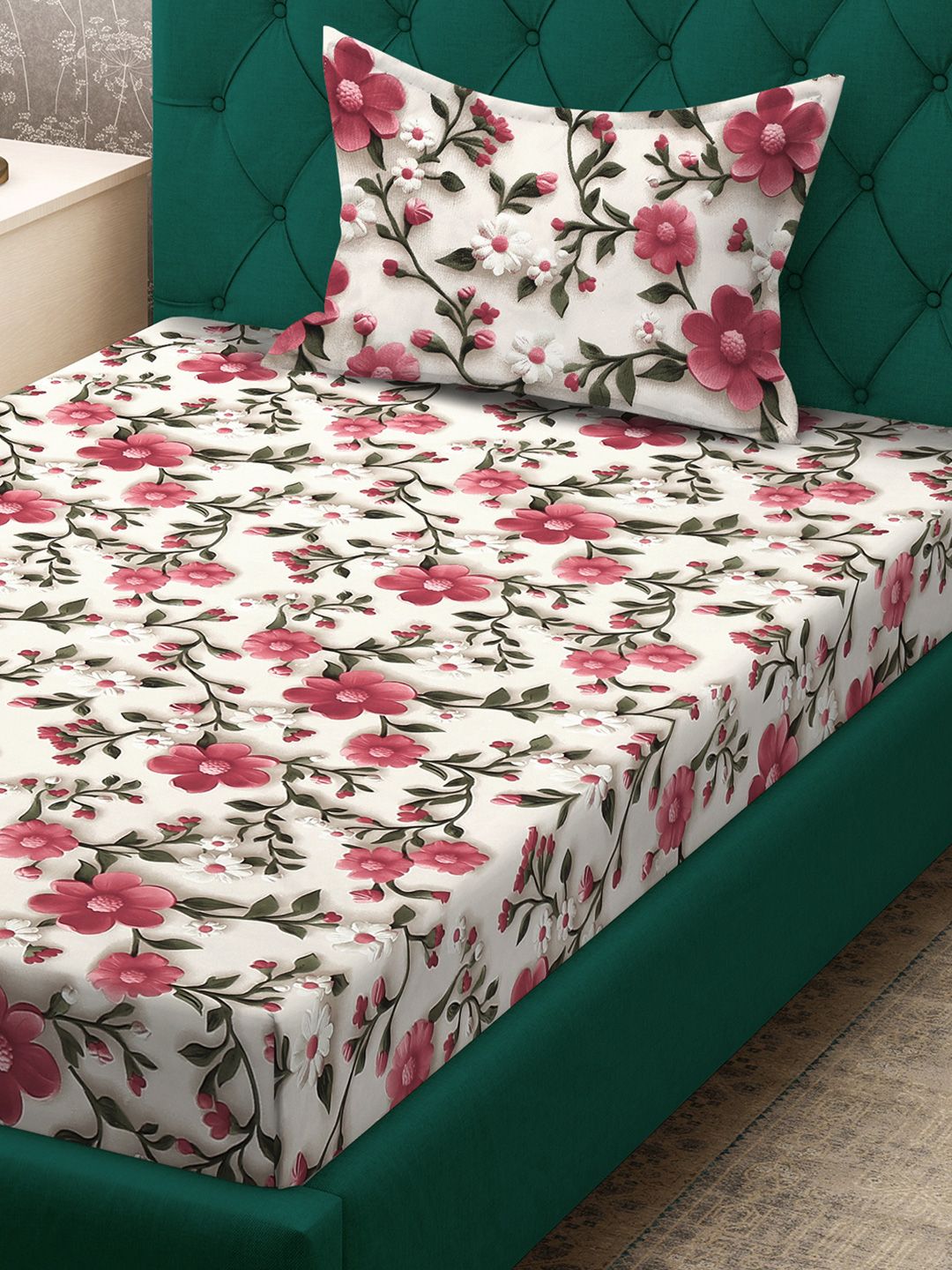 KLOTTHE Warna Krim & Bercetak Bunga Merah Jambu Flat 300 TC Single 7D Cadar & Sarung Bantal