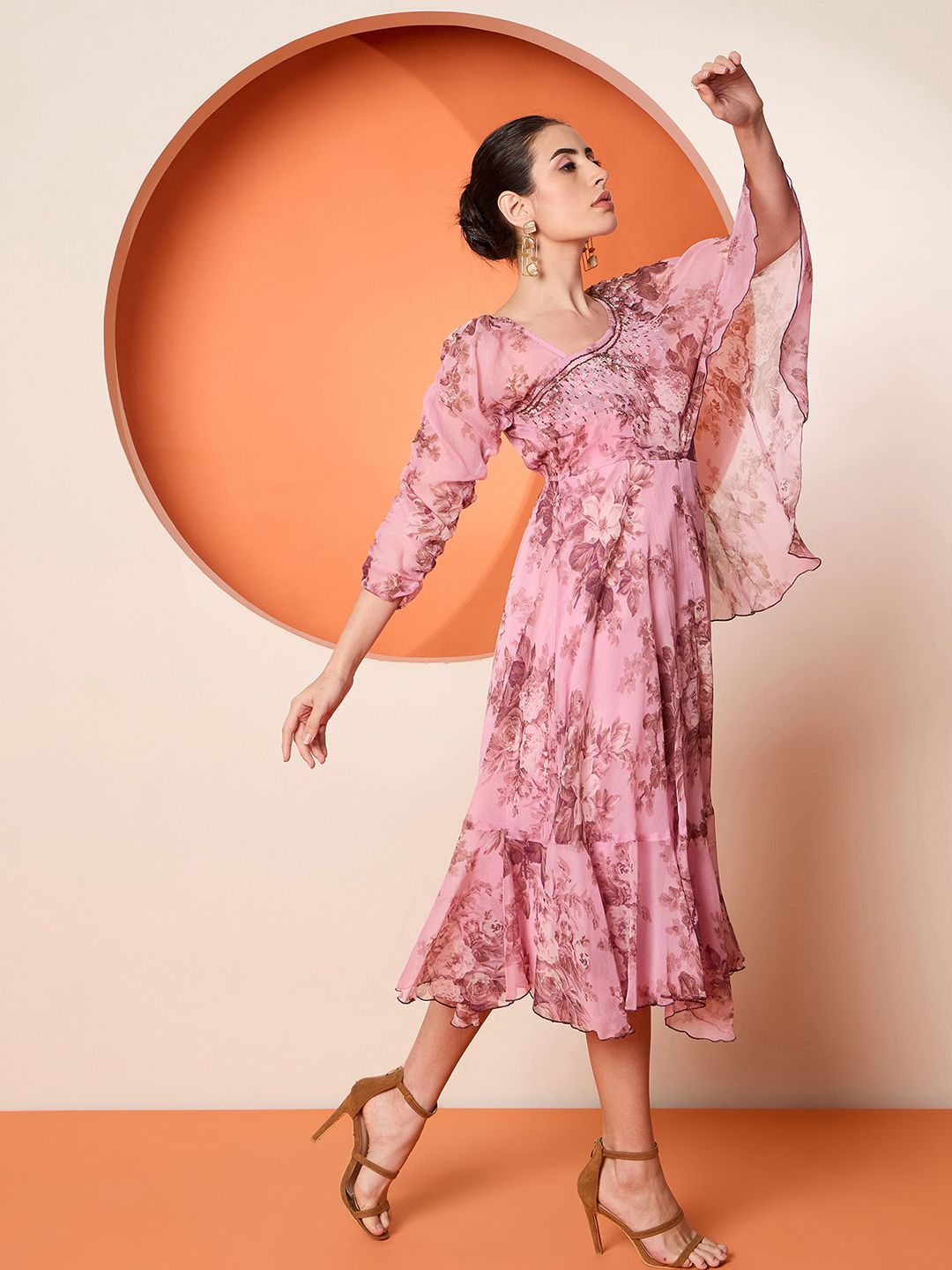 Antheaa Women Embellished Print Flared Sleeve A-Line Midi Dress