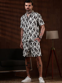 Eszett Geometric Printed Spread Collar Pure Cotton Shirt With Shorts Co-Ord Set