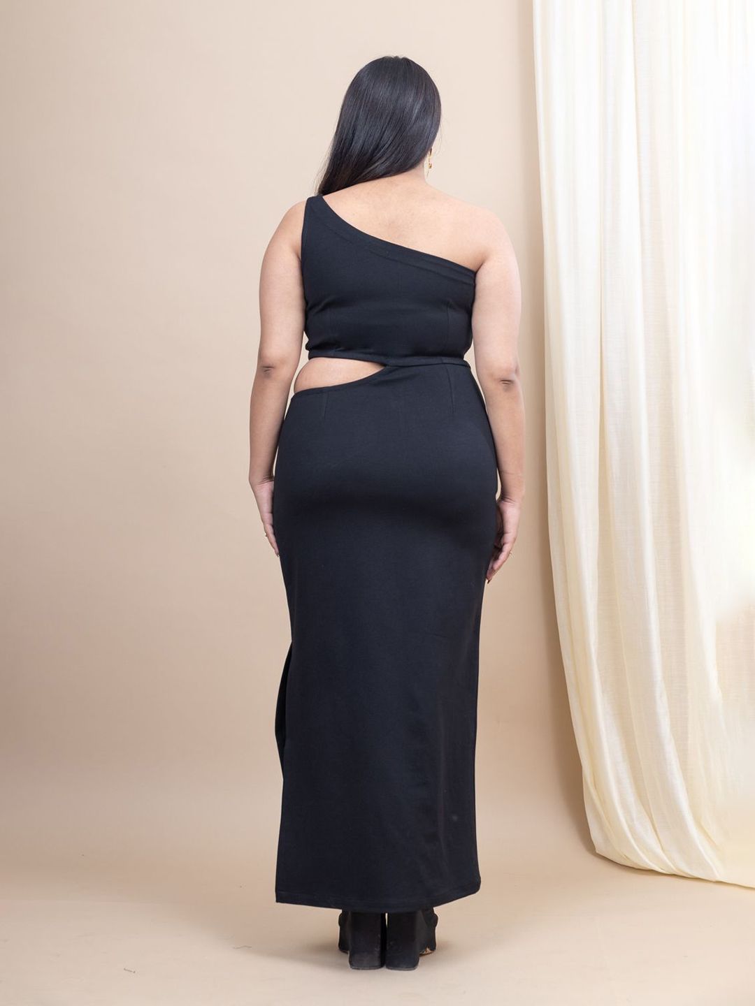 Mamicha Women Solid Black One Shoulder Neck Cut-Outs Detail Maxi Dress