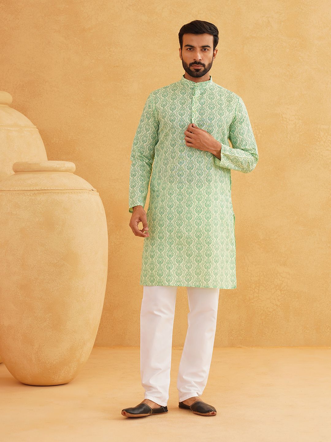 SOJANYA Ethnic Motifs Printed Band Collar Straight Kurta With Churidar