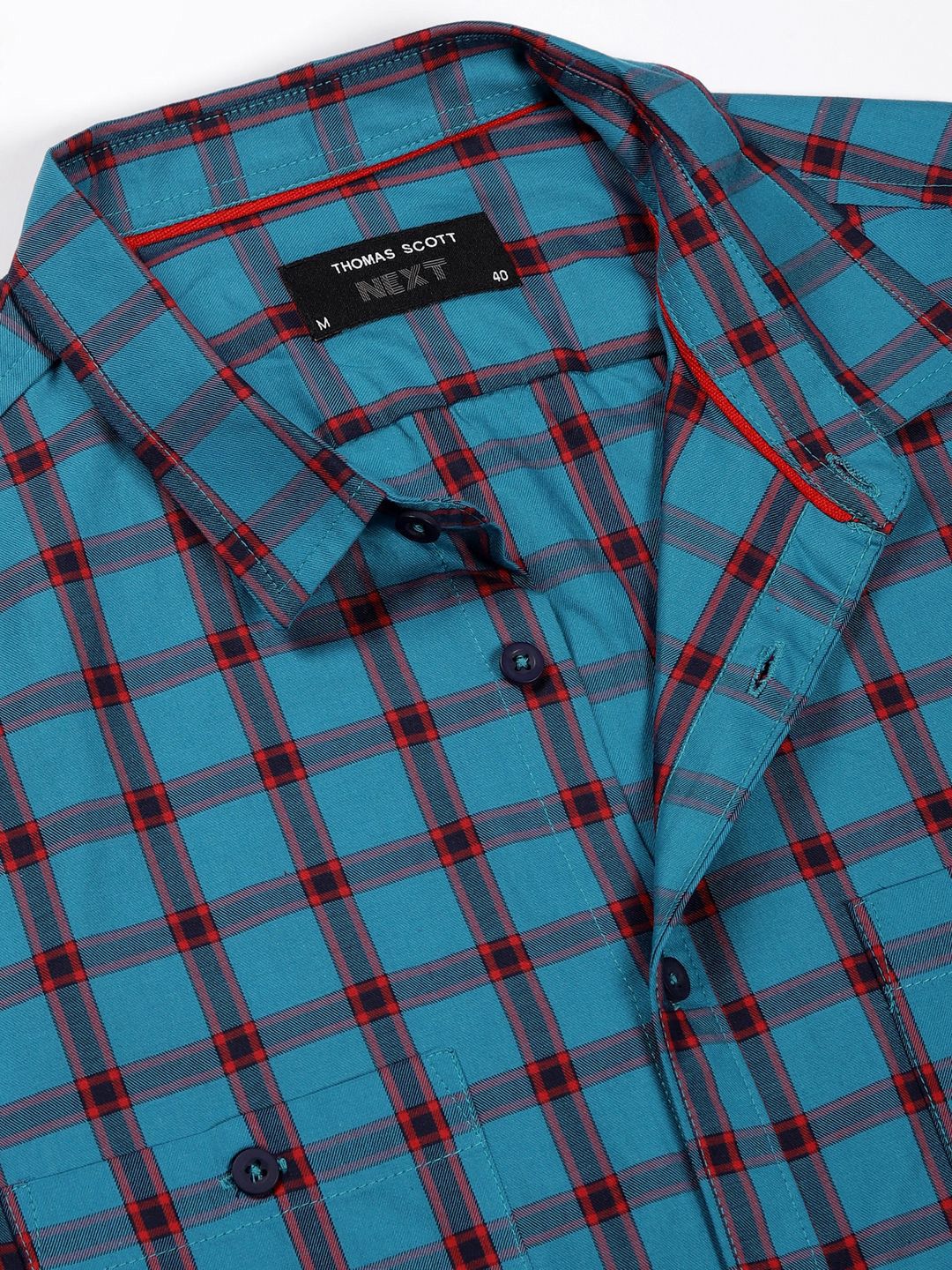 Thomas Scott Men Classic Spread Collar Windowpane Checked Cotton Slim Fit Casual Shirt