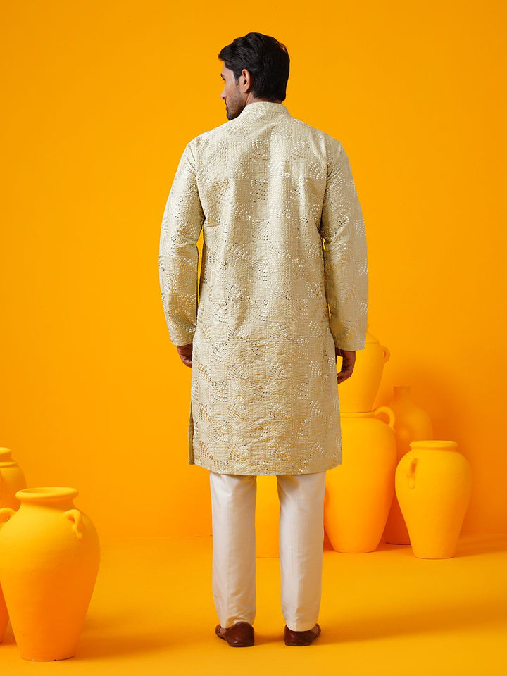 SOJANYA LUXE Bersulam Geometrik Kolar Mandarin Cotton Silk Kurta Lurus Dengan Seluar