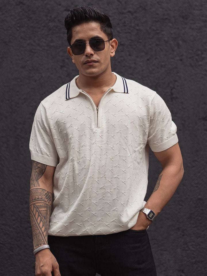 Powerlook Men Self Design Polo Collar Pure Cotton T-Shirt