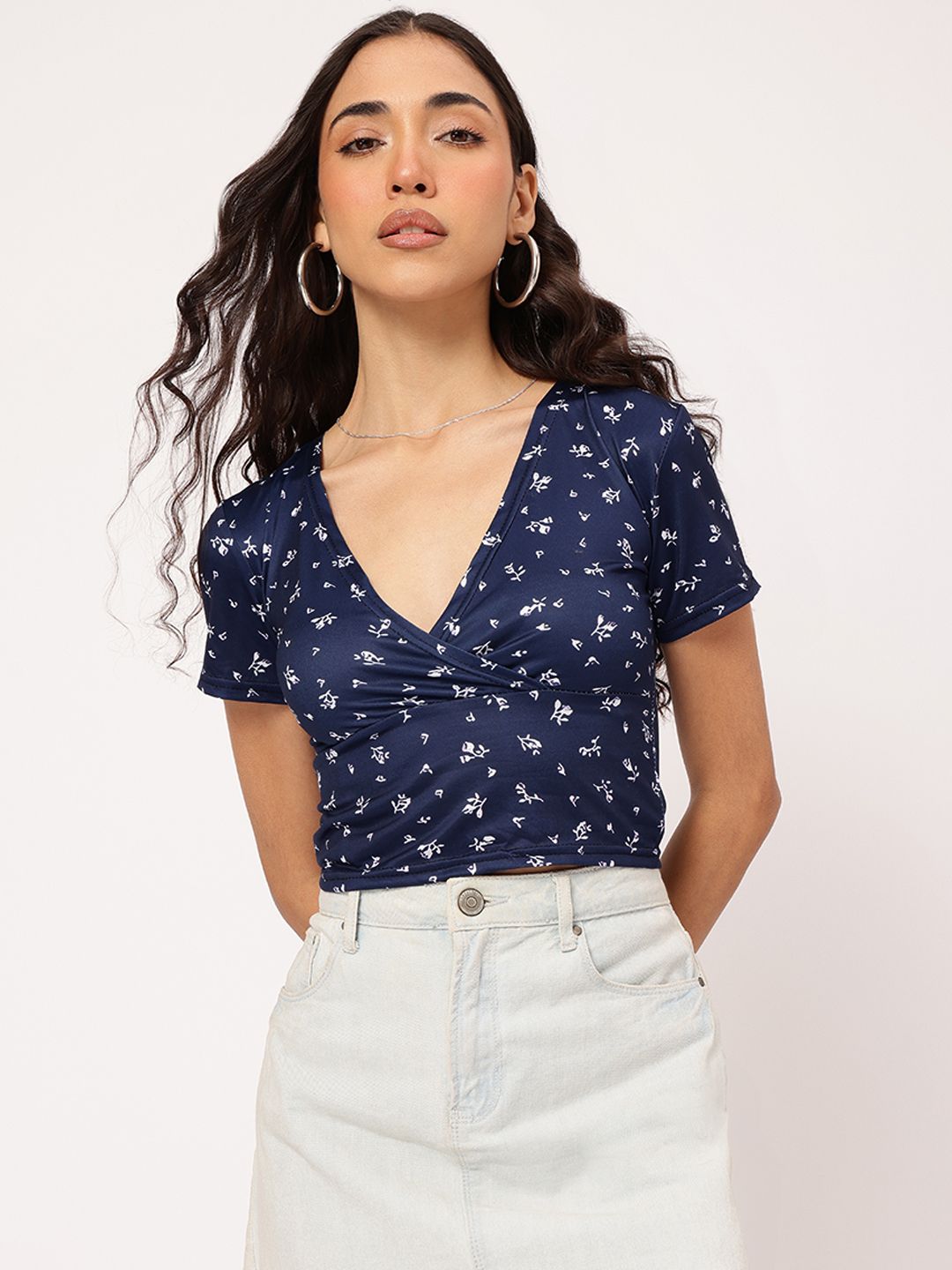 DressBerry Cottagecore Chic Micro Floral Printed Wrap Crop Top