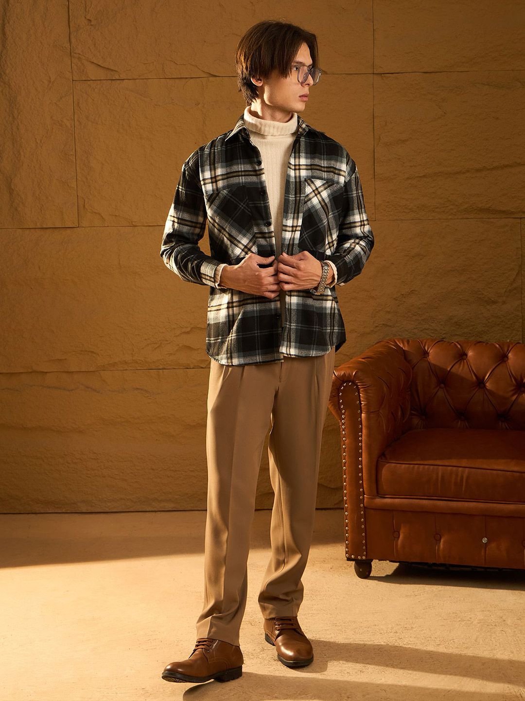 DENNISON Men Double Pocket Drop Shoulder Oversized Cotton Checked Shacket