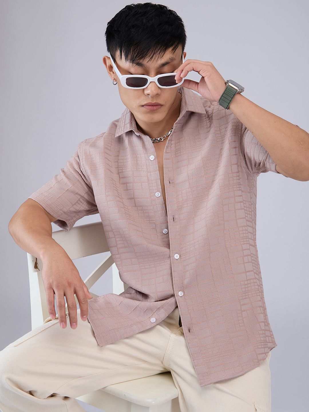 VASTRADO Men Classic Cutaway Collar Textured Slim Fit Casual Shirt