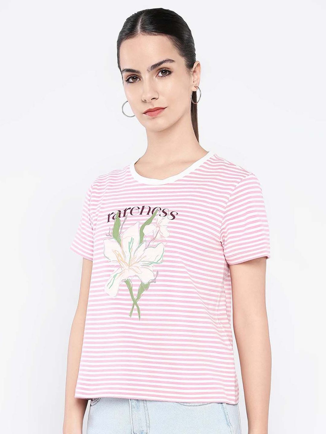 Rareism Wanita Grafik T-Shirt Leher Pusingan Dicetak