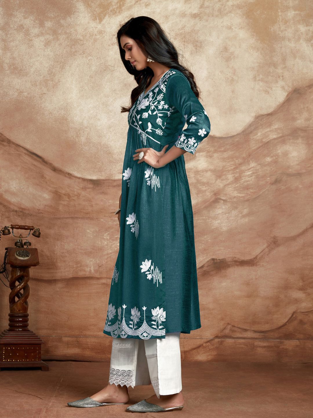 KALINI Floral Embroidered V-Neck Thread Work Silk High Slit Kurta