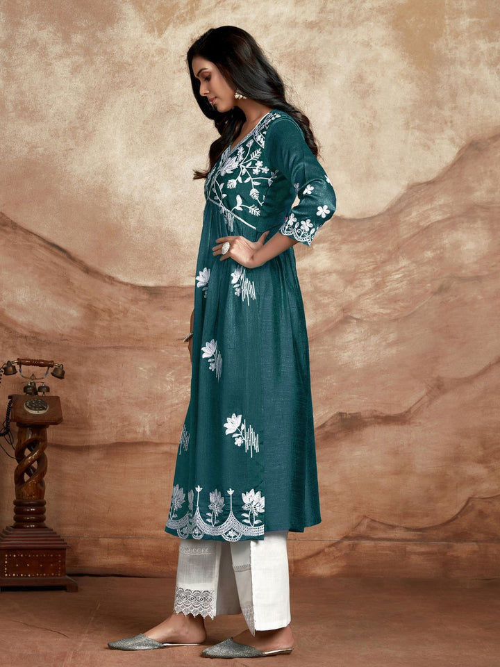 KALINI Floral Embroidered V-Neck Thread Work Silk High Slit Kurta