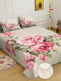 KLOTTHE Beige & Pink Floral Printed Fitted 300 TC King Bedsheet With 2 Pillow Cover