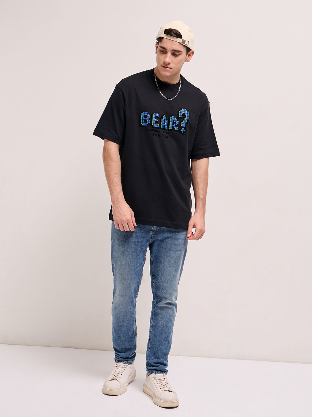 THE BEAR HOUSE Men Typography Printed Round Neck Pure Cotton Oversized T-shirt