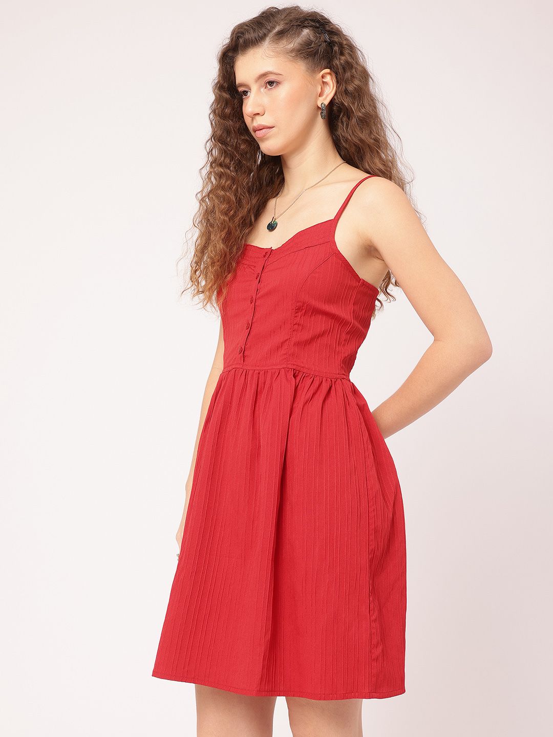 DressBerry Smocked Self-Striped Shoudler Strap A-line Dress