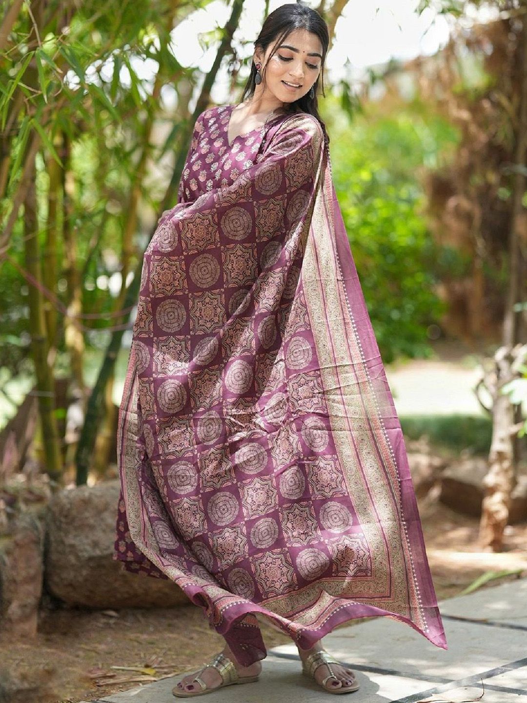KALINI Floral Printed V-Neck Anarkali Kurta with Trousers & Dupatta