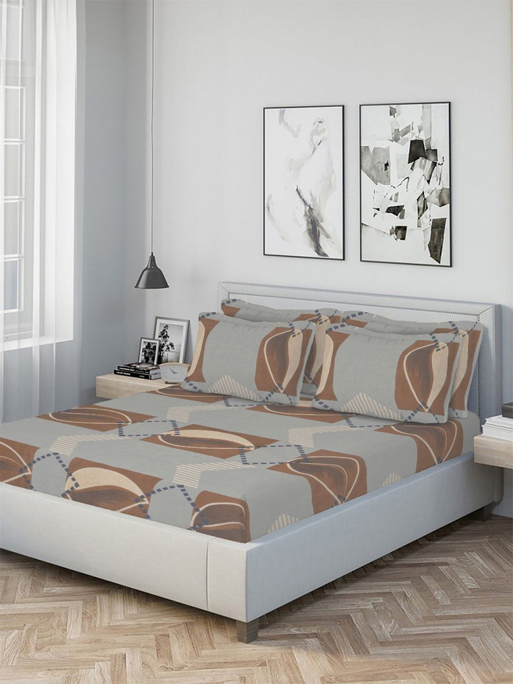 Myntra Elegant Homes Grey Geometric 300 TC King Bedsheet with 4 Pillow Covers