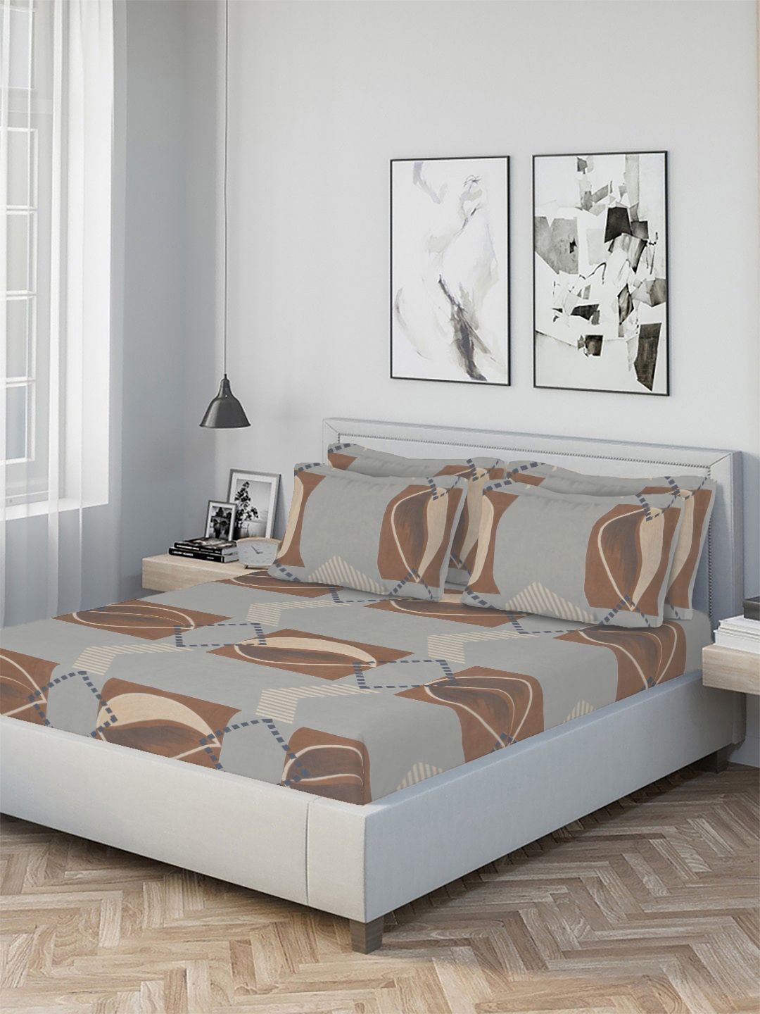 Myntra Elegant Homes Grey Geometric 300 TC King Bedsheet with 4 Pillow Covers