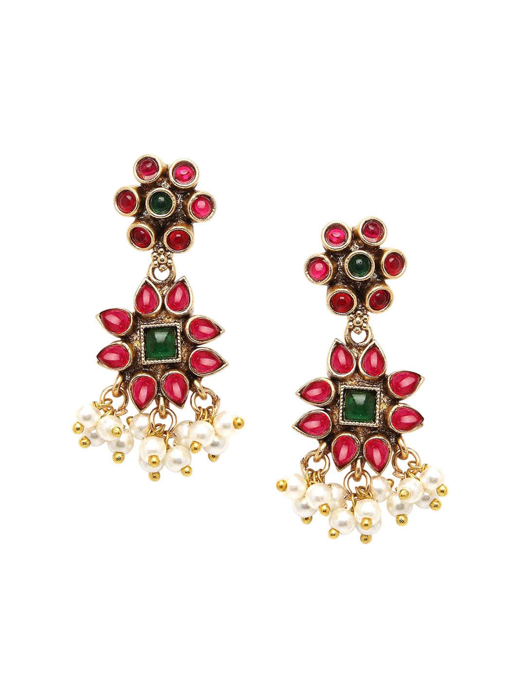 Karatcart Gold-Plated Stone Studded Floral Design Rani Haar Kalung dan Anting-anting