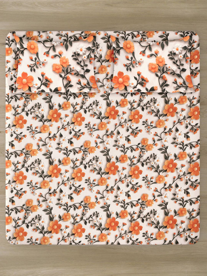KLOTTHE Cream & Yellow Floral Printed Flat 300 TC King Double 7D Bedsheet & 2 Pillow Cover