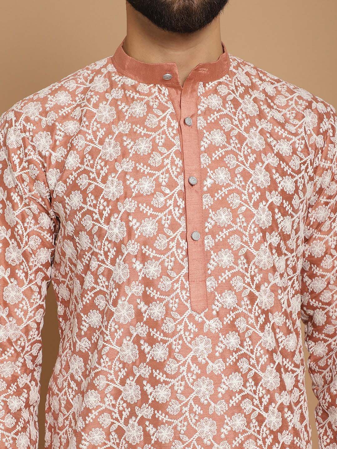 Anouk Peach-Coloured Floral Embroidered Thread Work Detailed Silk Cotton Straight Kurta