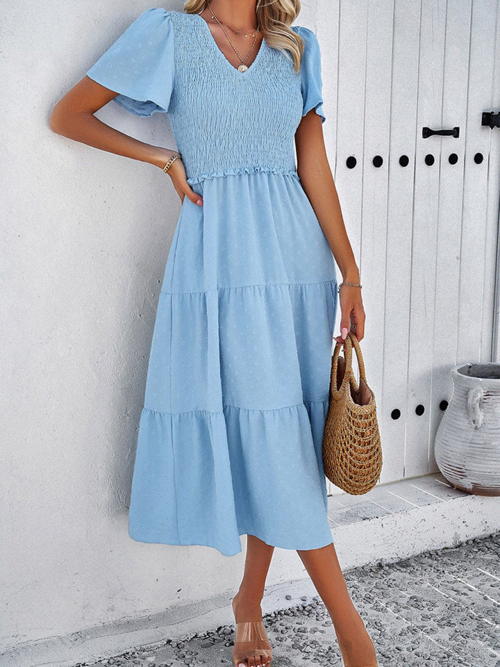 all about you Blue Flared V-Neck Flutter Sleeve Fit & Flare Midi Dress