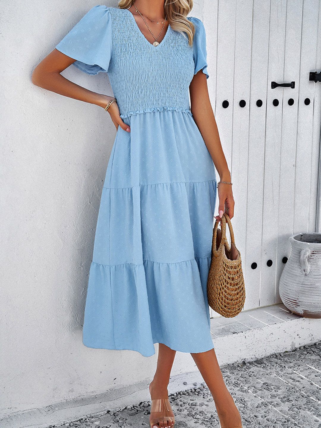 all about you Blue Flared V-Neck Flutter Sleeve Fit & Flare Midi Dress