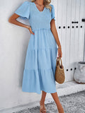all about you Blue Flared V-Neck Flutter Sleeve Fit & Flare Midi Dress