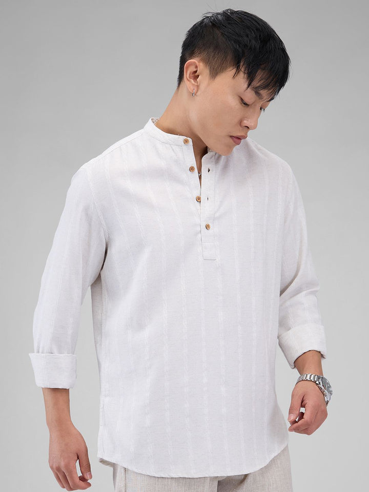 VASTRADO Woven Design Mandarin Collar Thread Work Cotton Straight Kurta